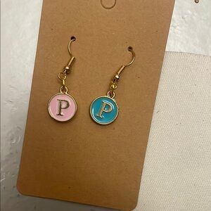 Gold Initial 'P' Earrings - Pink and Blue